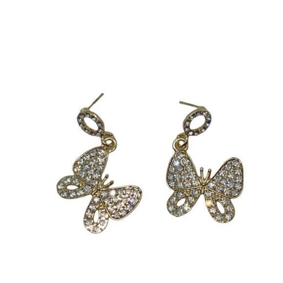 NWT Gold-Tone Clear Rhinestone Dangle Butterfly Earrings - Picture 5 of 7